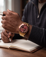 Close-up of the Clicöt Mirage 42mm watch in red and gold on the left wrist