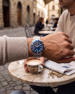 Clicöt Polaris 42mm unisex watch in navy and silver, worn on the left wrist